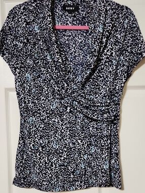 Dkny Black & White Animal Print Surplice Top with Blue Accents